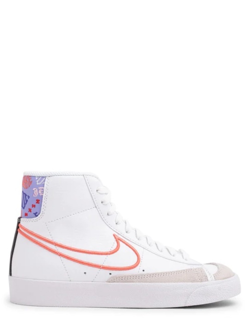 Nike High-Top White Sneaker with Coral Swoosh and Purple Ankle Detail